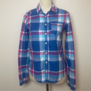 Hollister Women’s Plaid Button-Up Shirt Long Sleeve Blue Pink Purple size small